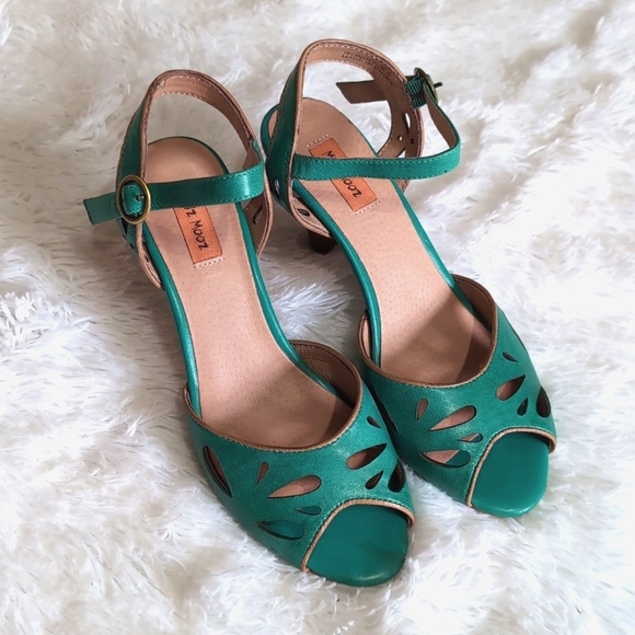 🔴SALE! Miz Mooz Teal Green Leather Peep Toe Cutout Heels - Picture 1 of 8